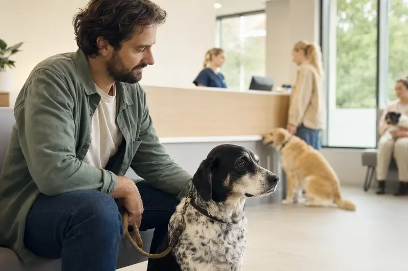Ein ruhiger Andalusischer Türke Hund sitzt im Wartezimmer einer modernen Tierarztpraxis neben seinem Besitzer.